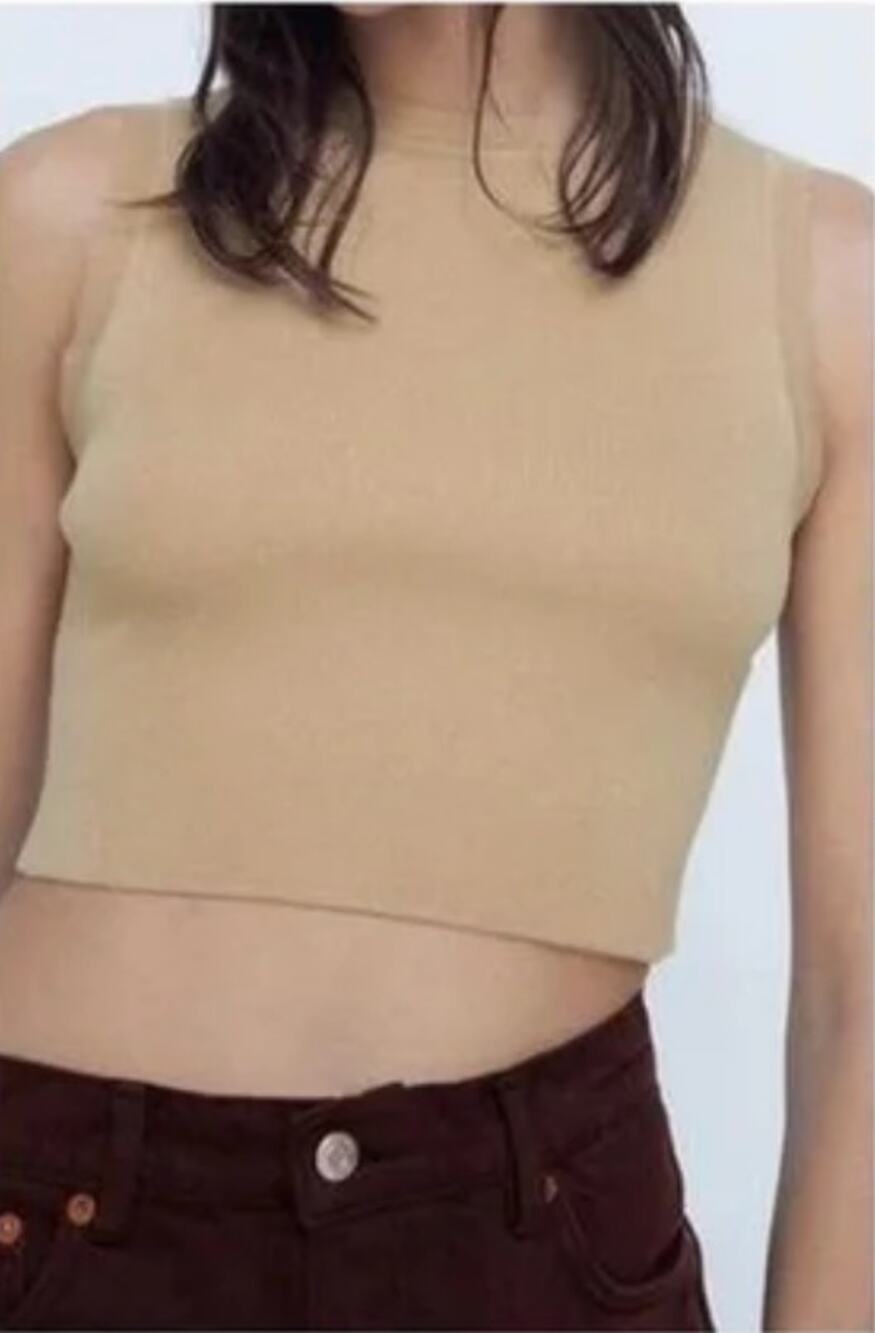 2/$30 Zara High Neck Ribbed Cropped Tank Top Tan Size M